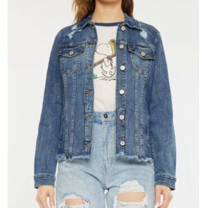 Kancan Distressed Denim Jacket 1X Blue Frayed Y2K Vintage Trucker Style Fit Wils